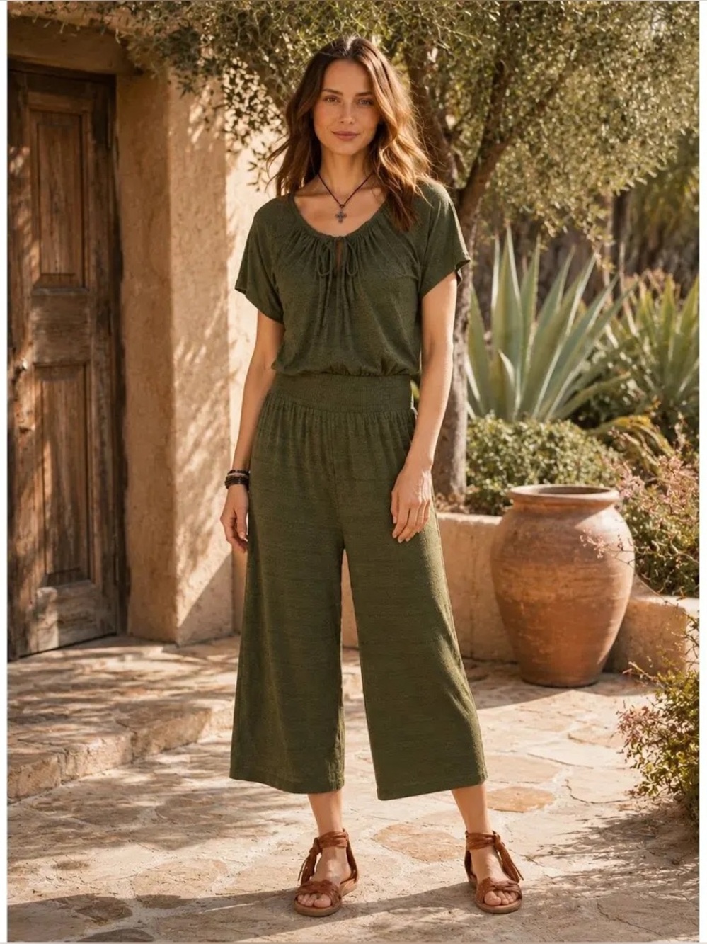 Sundance Felicity Olive Green Wide Leg Cropped Jumpsuit Small